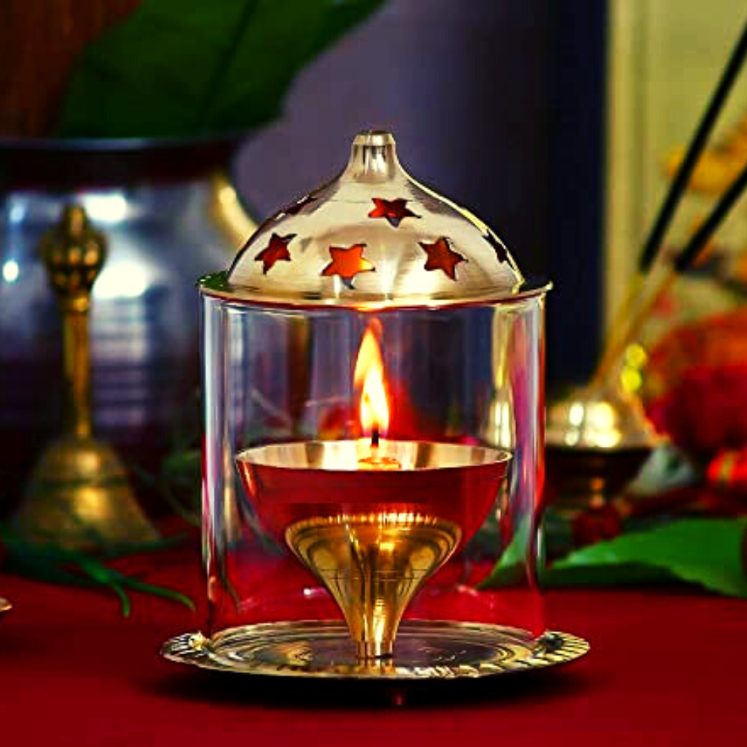 Homefrills Akhand Diya Decorative Brass & Glass Oil Lamp Tea Light Holder Lantern, Borosilicate Glass Cylinderical Shaped 6 inch Diya Lantern (Gold and White)